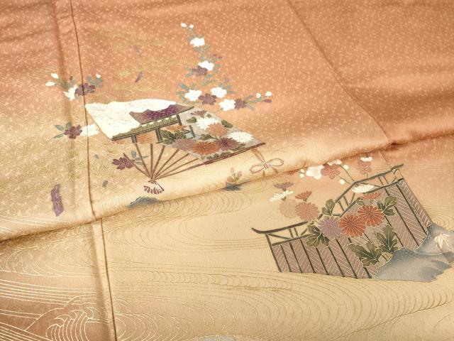 平和屋着物●訪問着　扇面風景花文　金彩　正絹　逸品　AABJ6488ck