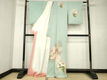 平和屋着物●訪問着　手描き　花鳥文　暈し染め　正絹　逸品　AABJ6492ck