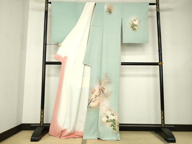 平和屋着物●訪問着　手描き　花鳥文　暈し染め　正絹　逸品　AABJ6492ck