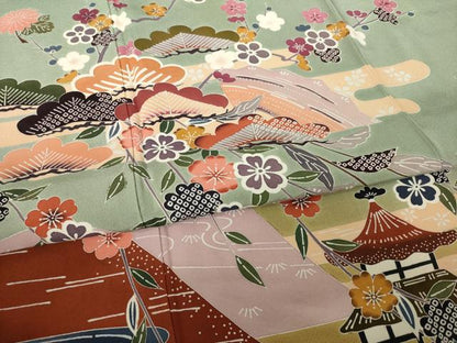 平和屋着物●訪問着　型染め　流水松文　正絹　逸品　AABJ6504ck