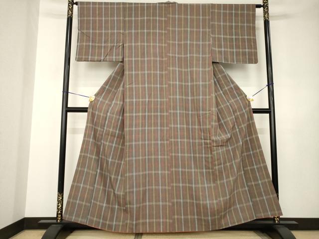 平和屋着物●上質な紬　格子　正絹　逸品　AABJ6506ck