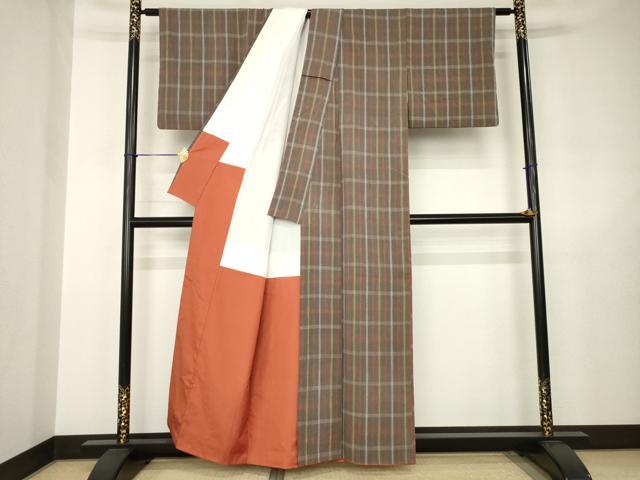 平和屋着物●上質な紬　格子　正絹　逸品　AABJ6506ck