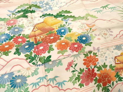 平和屋着物●豪華振袖　駒刺繍　風景花文　金彩　正絹　逸品　AABJ6508ck