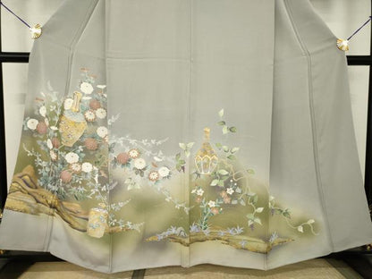 平和屋着物●豪華色留袖　駒刺繍　陶器花文　金彩　正絹　逸品　AABJ6510ck