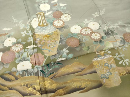 平和屋着物●豪華色留袖　駒刺繍　陶器花文　金彩　正絹　逸品　AABJ6510ck