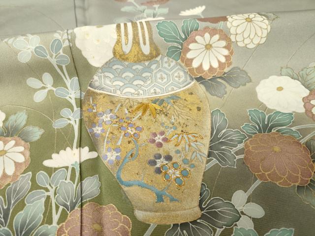 平和屋着物●豪華色留袖　駒刺繍　陶器花文　金彩　正絹　逸品　AABJ6510ck