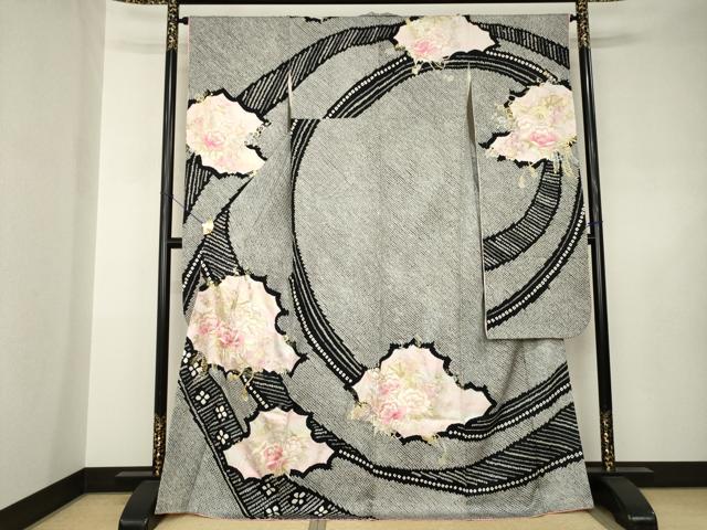 平和屋着物●豪華振袖　総絞り　刺繍　花鼓文　黒地　ロング丈　正絹　逸品　AABJ6512ck