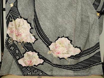 平和屋着物●豪華振袖　総絞り　刺繍　花鼓文　黒地　ロング丈　正絹　逸品　AABJ6512ck