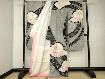 平和屋着物●豪華振袖　総絞り　刺繍　花鼓文　黒地　ロング丈　正絹　逸品　AABJ6512ck