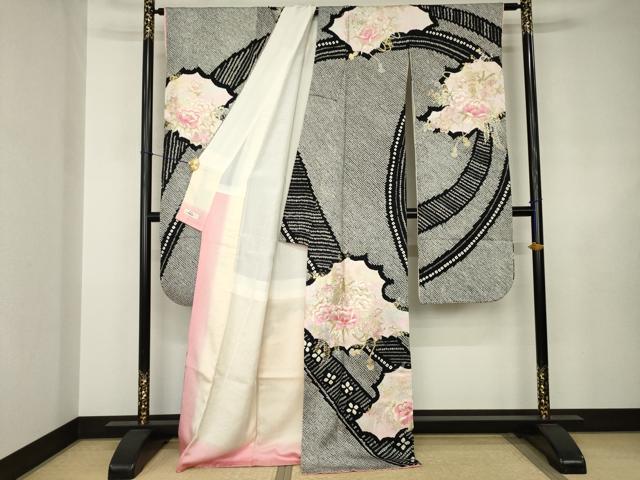 平和屋着物●豪華振袖　総絞り　刺繍　花鼓文　黒地　ロング丈　正絹　逸品　AABJ6512ck