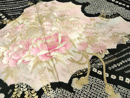 平和屋着物●豪華振袖　総絞り　刺繍　花鼓文　黒地　ロング丈　正絹　逸品　AABJ6512ck