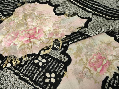 平和屋着物●豪華振袖　総絞り　刺繍　花鼓文　黒地　ロング丈　正絹　逸品　AABJ6512ck