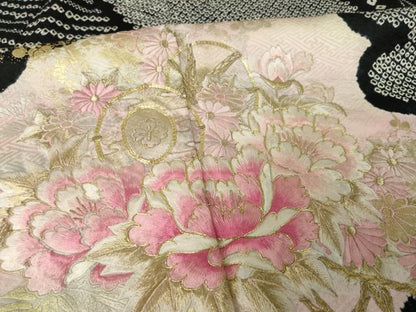 平和屋着物●豪華振袖　総絞り　刺繍　花鼓文　黒地　ロング丈　正絹　逸品　AABJ6512ck