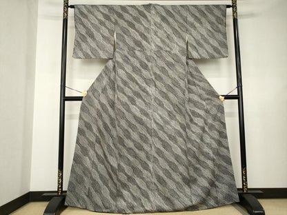 平和屋着物●上質な小紋　総絞り　立涌斜縞文　黒地　正絹　逸品　AABJ6514ck