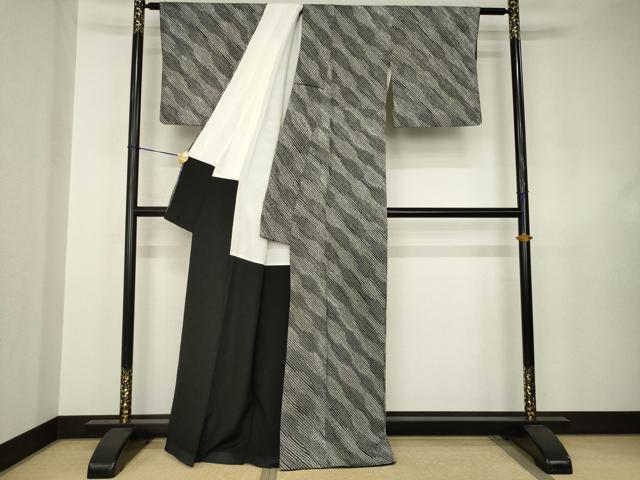 平和屋着物●上質な小紋　総絞り　立涌斜縞文　黒地　正絹　逸品　AABJ6514ck