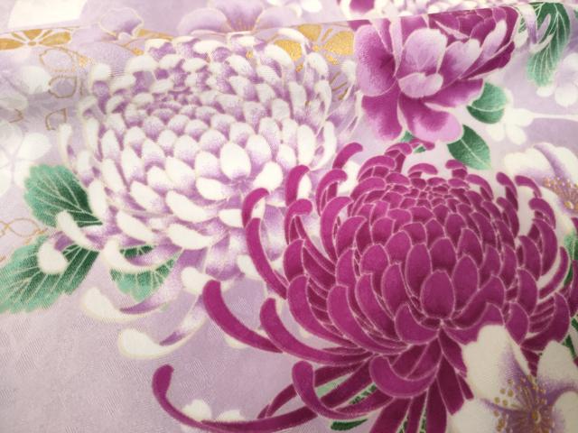 平和屋着物●H・L（アッシュエル）　HENRI-LUC CHAPUIS　小振袖　二尺袖　地紙花文　菊　金彩　洗える着物　AABJ6523ck