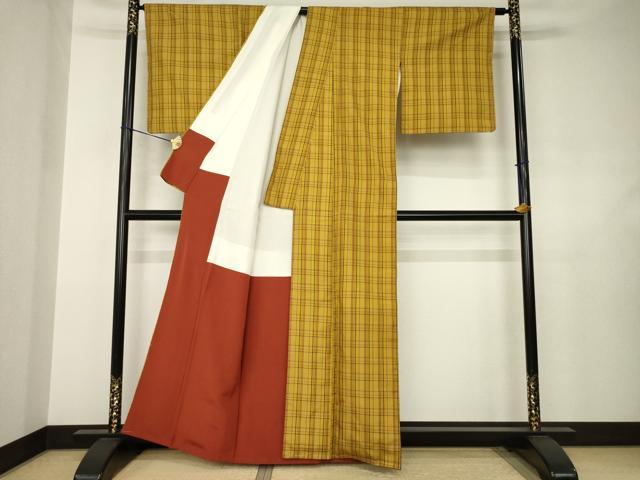 平和屋着物●本場黄八丈　綾織　格子　正絹　逸品　AABJ6525ck