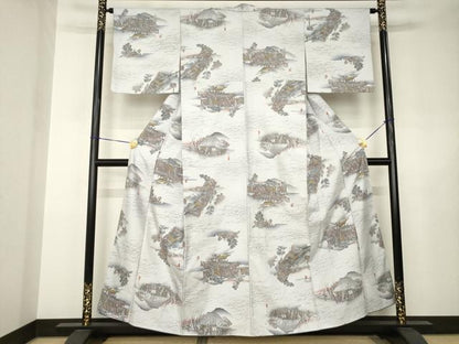 平和屋着物●上質な小紋　紬地　手描き　名所風景文　正絹　逸品　AABJ6526ck