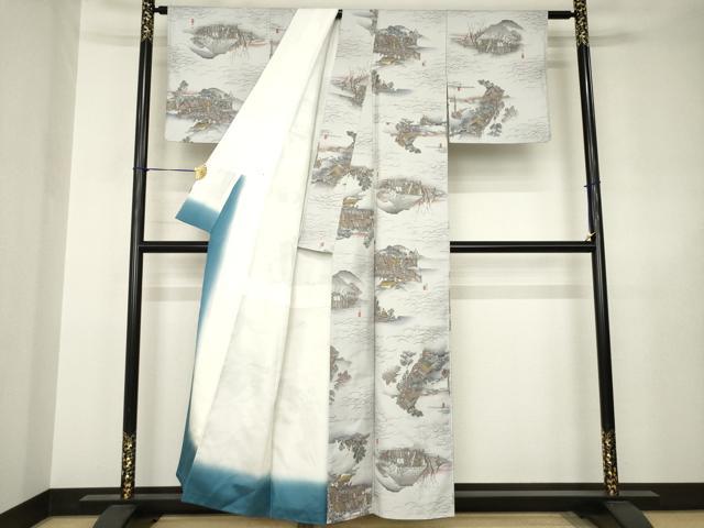 平和屋着物●上質な小紋　紬地　手描き　名所風景文　正絹　逸品　AABJ6526ck