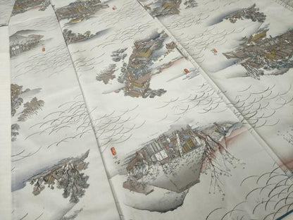 平和屋着物●上質な小紋　紬地　手描き　名所風景文　正絹　逸品　AABJ6526ck