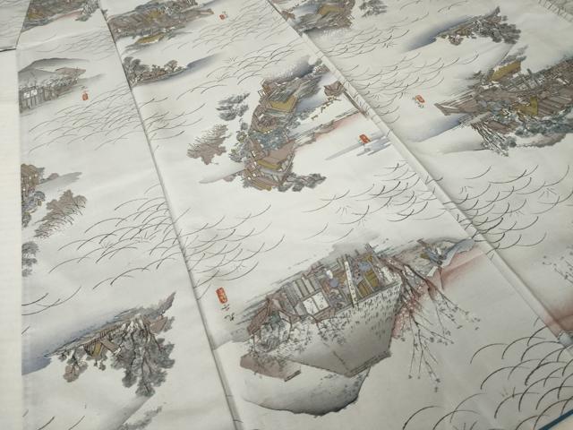 平和屋着物●上質な小紋　紬地　手描き　名所風景文　正絹　逸品　AABJ6526ck
