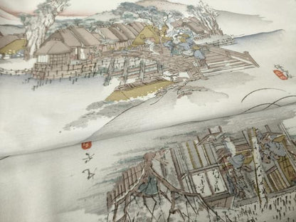 平和屋着物●上質な小紋　紬地　手描き　名所風景文　正絹　逸品　AABJ6526ck