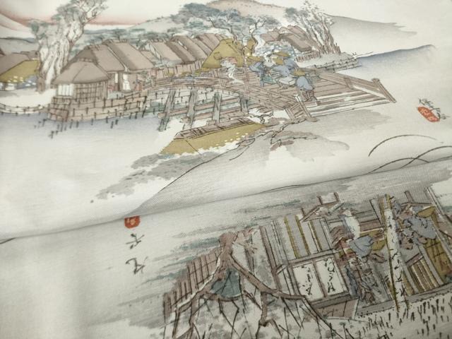 平和屋着物●上質な小紋　紬地　手描き　名所風景文　正絹　逸品　AABJ6526ck