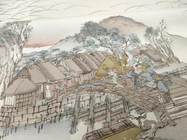 平和屋着物●上質な小紋　紬地　手描き　名所風景文　正絹　逸品　AABJ6526ck