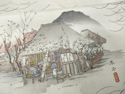 平和屋着物●上質な小紋　紬地　手描き　名所風景文　正絹　逸品　AABJ6526ck