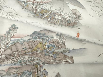 平和屋着物●上質な小紋　紬地　手描き　名所風景文　正絹　逸品　AABJ6526ck