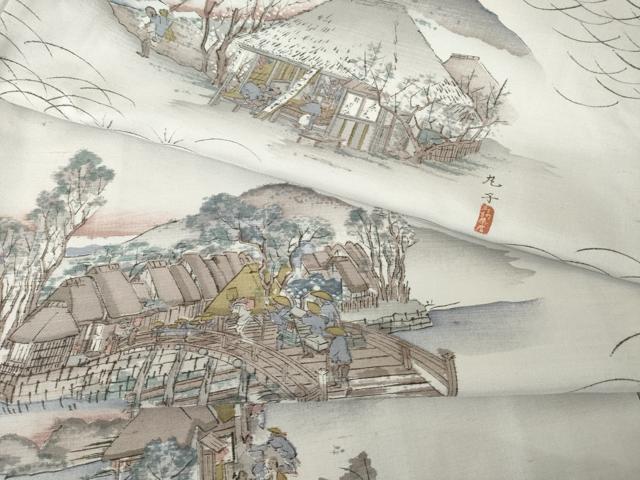 平和屋着物●上質な小紋　紬地　手描き　名所風景文　正絹　逸品　AABJ6526ck