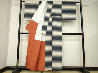 平和屋着物●ぜんまい紬　横段文　正絹　逸品　AABJ6532ck