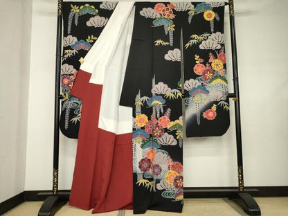 平和屋着物●豪華振袖　型染め　松竹梅流水文　黒地　正絹　逸品　AABJ6533ck