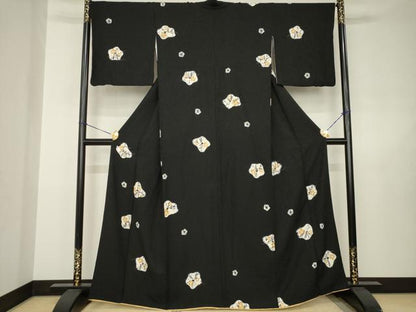 平和屋着物●上質な小紋　絞り　芝花文　黒地　正絹　逸品　AABJ6536ck