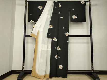 平和屋着物●上質な小紋　絞り　芝花文　黒地　正絹　逸品　AABJ6536ck