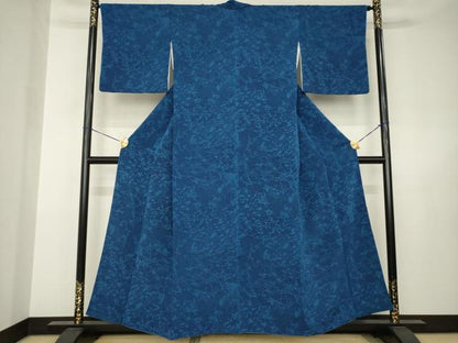 平和屋着物●上質な小紋　本藍　型染め　立波風景花文　正絹　逸品　AABJ6538ck