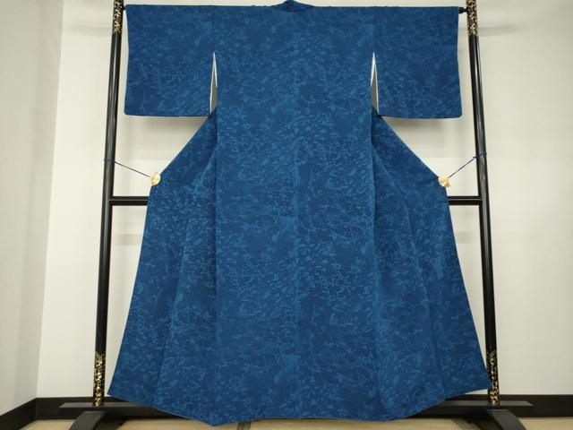 平和屋着物●上質な小紋　本藍　型染め　立波風景花文　正絹　逸品　AABJ6538ck