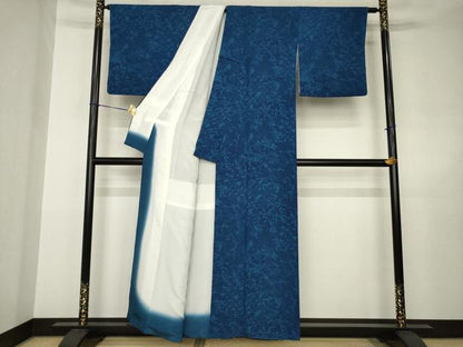 平和屋着物●上質な小紋　本藍　型染め　立波風景花文　正絹　逸品　AABJ6538ck
