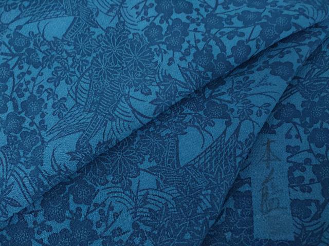 平和屋着物●上質な小紋　本藍　型染め　立波風景花文　正絹　逸品　AABJ6538ck