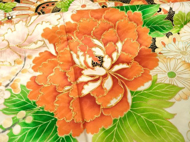 平和屋着物●豪華振袖　駒刺繍　片輪車花文　正絹　逸品　AABJ6539ck