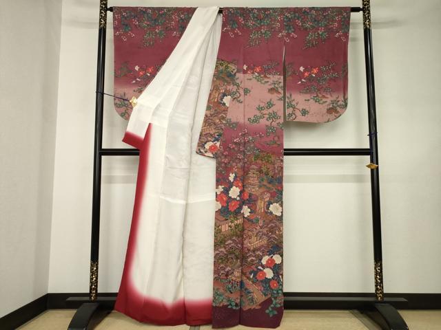 平和屋着物●訪問着　御所車風景花文　正絹　逸品　AABJ6543ck