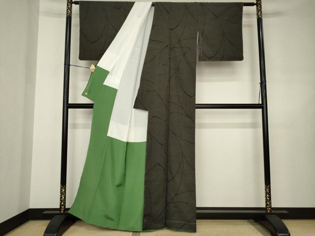 平和屋着物●本塩沢　枝垂れ文　黒地　三越扱い　正絹　逸品　AABJ6545ck