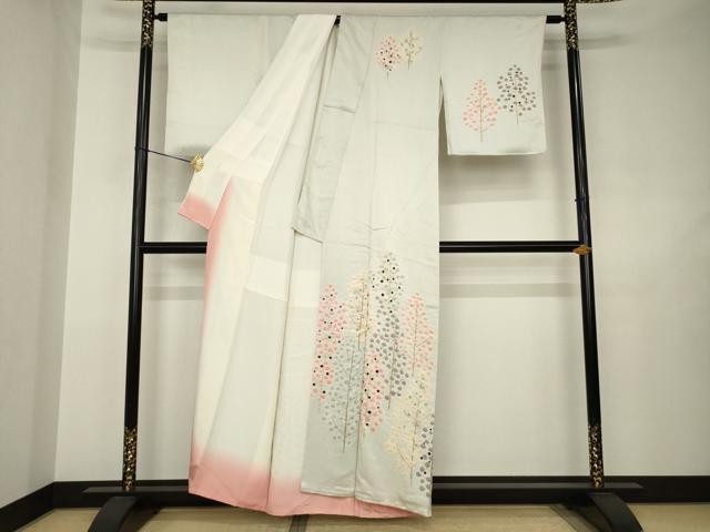 平和屋着物●訪問着　絞り　刺繍　樹林文　金彩　正絹　逸品　AABJ6546ck