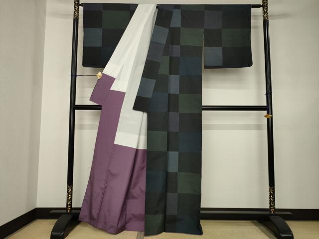 平和屋着物●上質な紬　市松文　黒地　正絹　逸品　AABJ6554ck