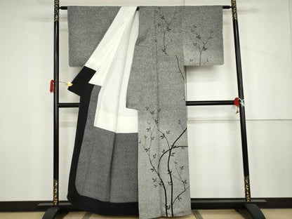 平和屋着物●訪問着　作家物　俊　枝葉文　たたき染め　黒地　正絹　逸品　AABJ6566cs