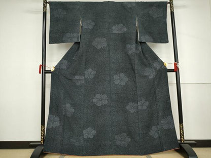 平和屋着物●上質な小紋　舞花文　黒地　銀糸　正絹　逸品　AABJ6570cs