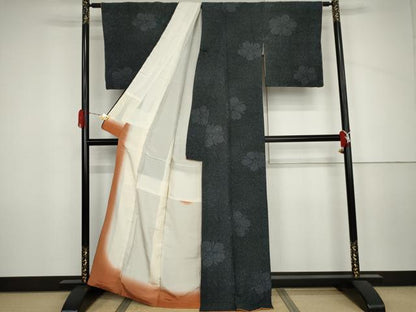 平和屋着物●上質な小紋　舞花文　黒地　銀糸　正絹　逸品　AABJ6570cs