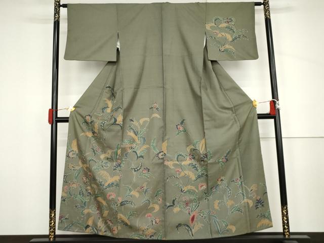 平和屋着物●訪問着　生紬　ろうけつ染　更紗花文　正絹　逸品　AABJ6572cs