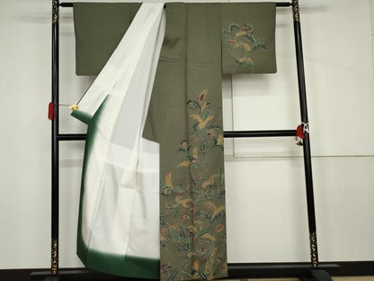 平和屋着物●訪問着　生紬　ろうけつ染　更紗花文　正絹　逸品　AABJ6572cs