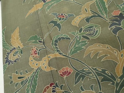 平和屋着物●訪問着　生紬　ろうけつ染　更紗花文　正絹　逸品　AABJ6572cs